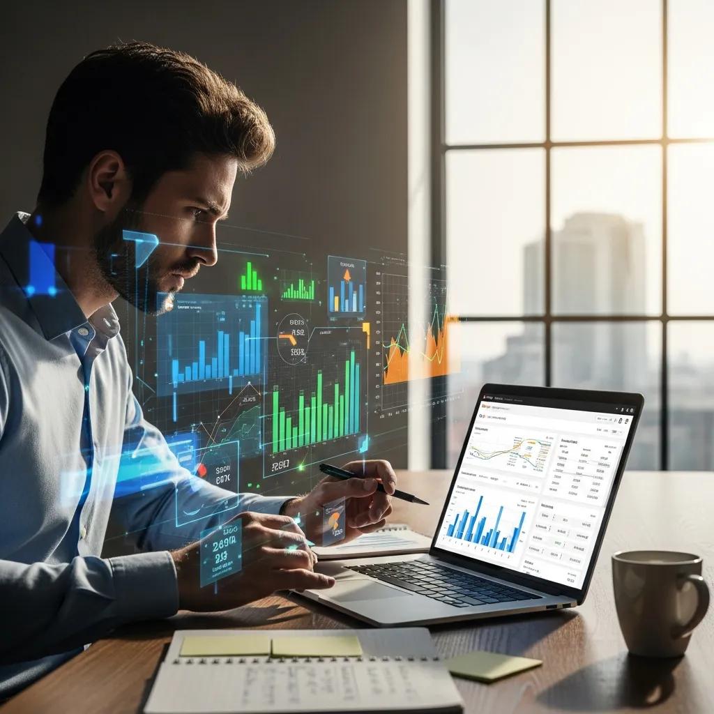 Business professional analyzing Google Ads performance with digital marketing elements